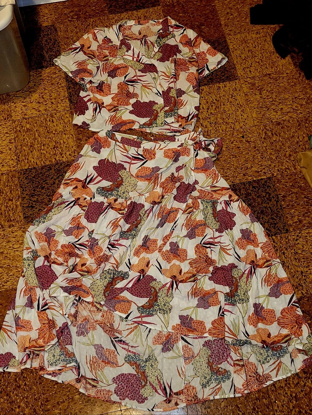 2 Piece Floral Tie-Waist Flowy Skirt And Top White with Orange & Purple